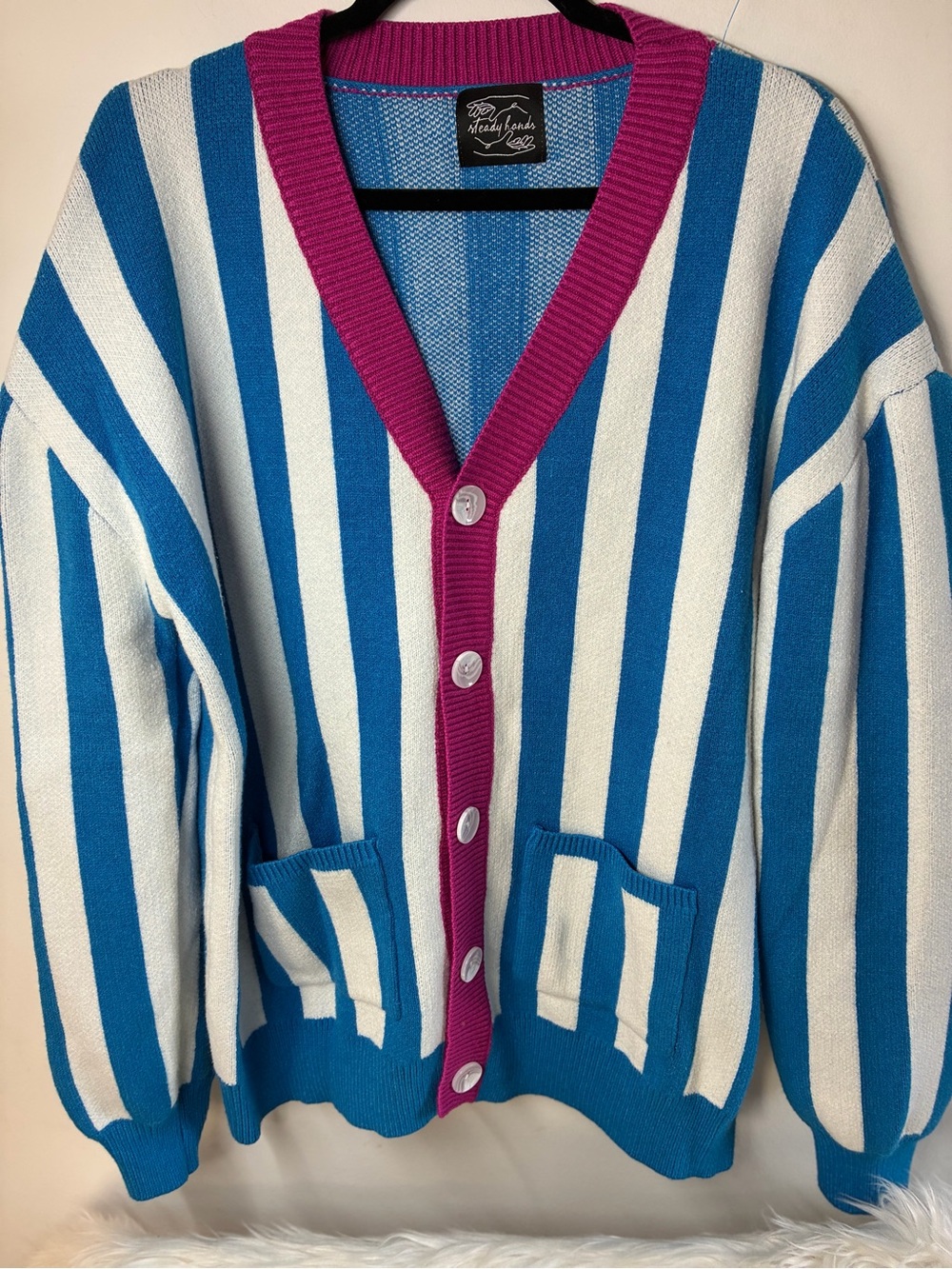 Striped V-Neck Button Cardigan - Blue/White with Pink Trim